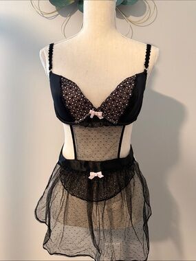 Victoria's Secret Black Sheer Lace Babydoll with Pink Bow Accents